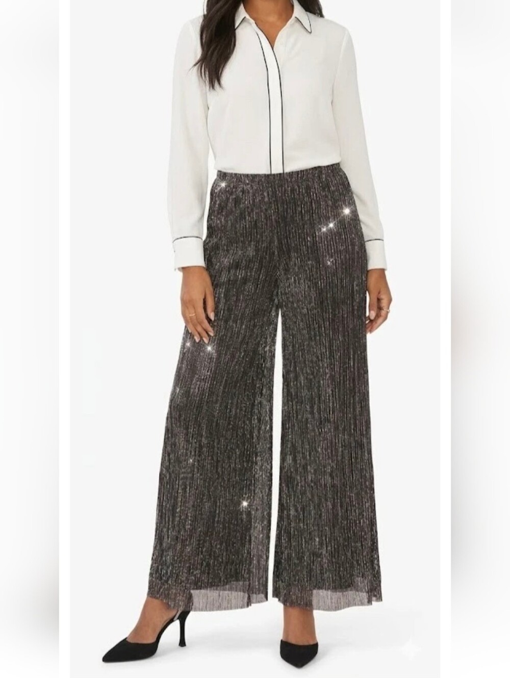 NWT ZARA Pants Women's Black Metallic Trouser Stretchy Pull On Wide Leg Size S